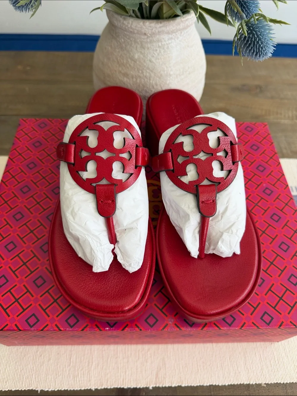 Tory Burch Red Leather Miller Wedge Thong Sandal with Signature Logo